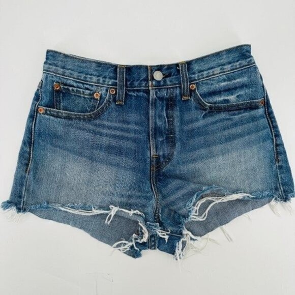 Levi's 501 High Rise Cut Off Button Fly Denim Beach Coastal 28 Jean Shorts - Picture 1 of 7